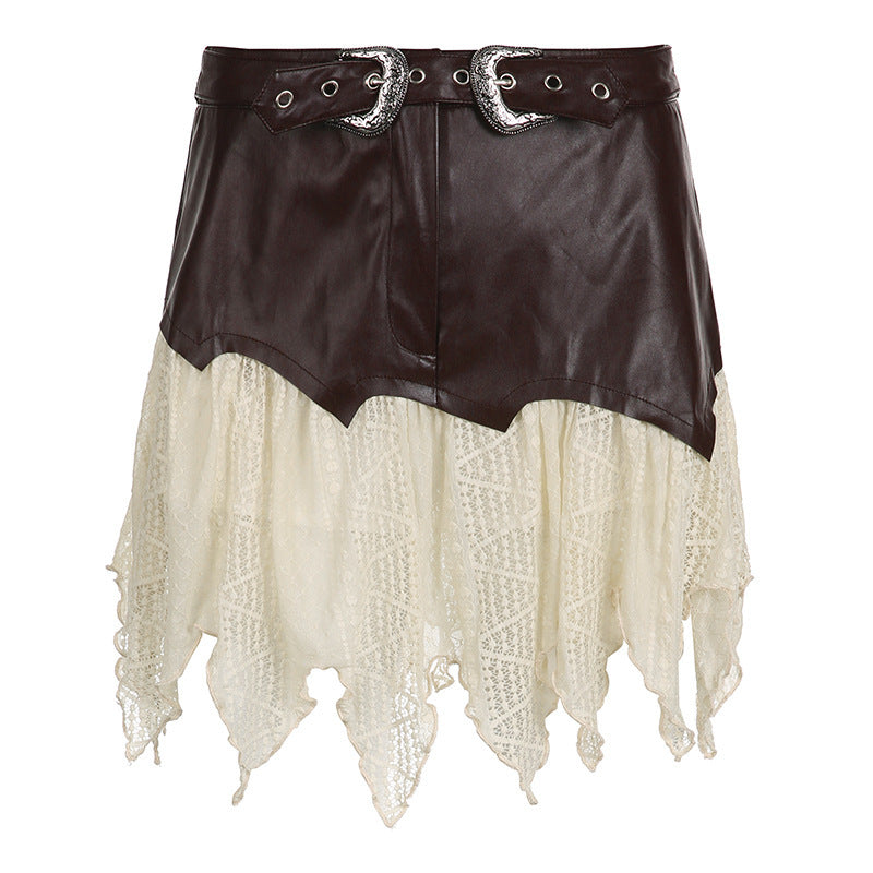 One-piece Leather Irregular Lace Skirt