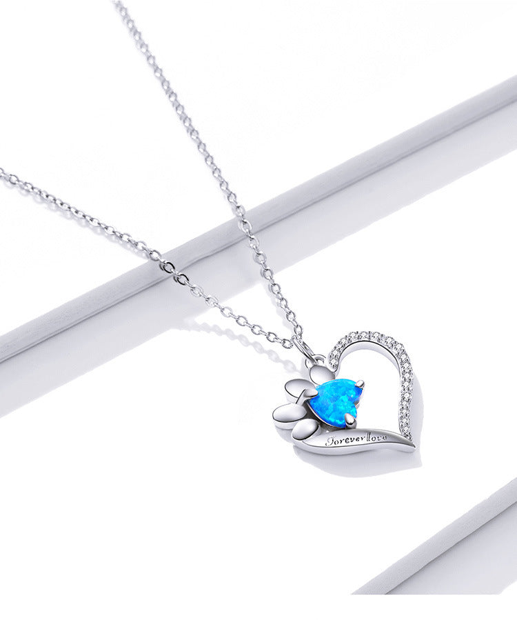 White Gold Plated Blue Opal Zircon Heart-shaped Pure Necklace