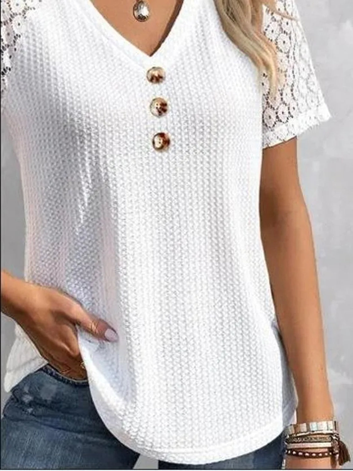 Waffle-Knit V-Neck Short Sleeve Top