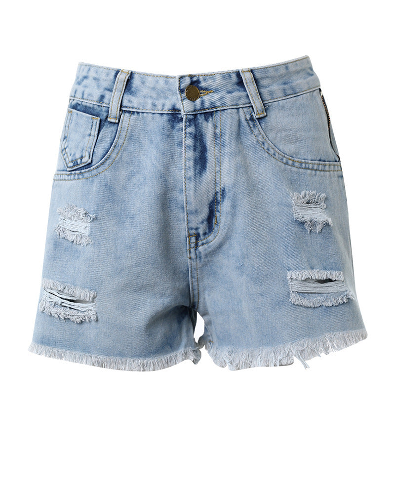 Side Zipper Ripped High Waist Denim Shorts