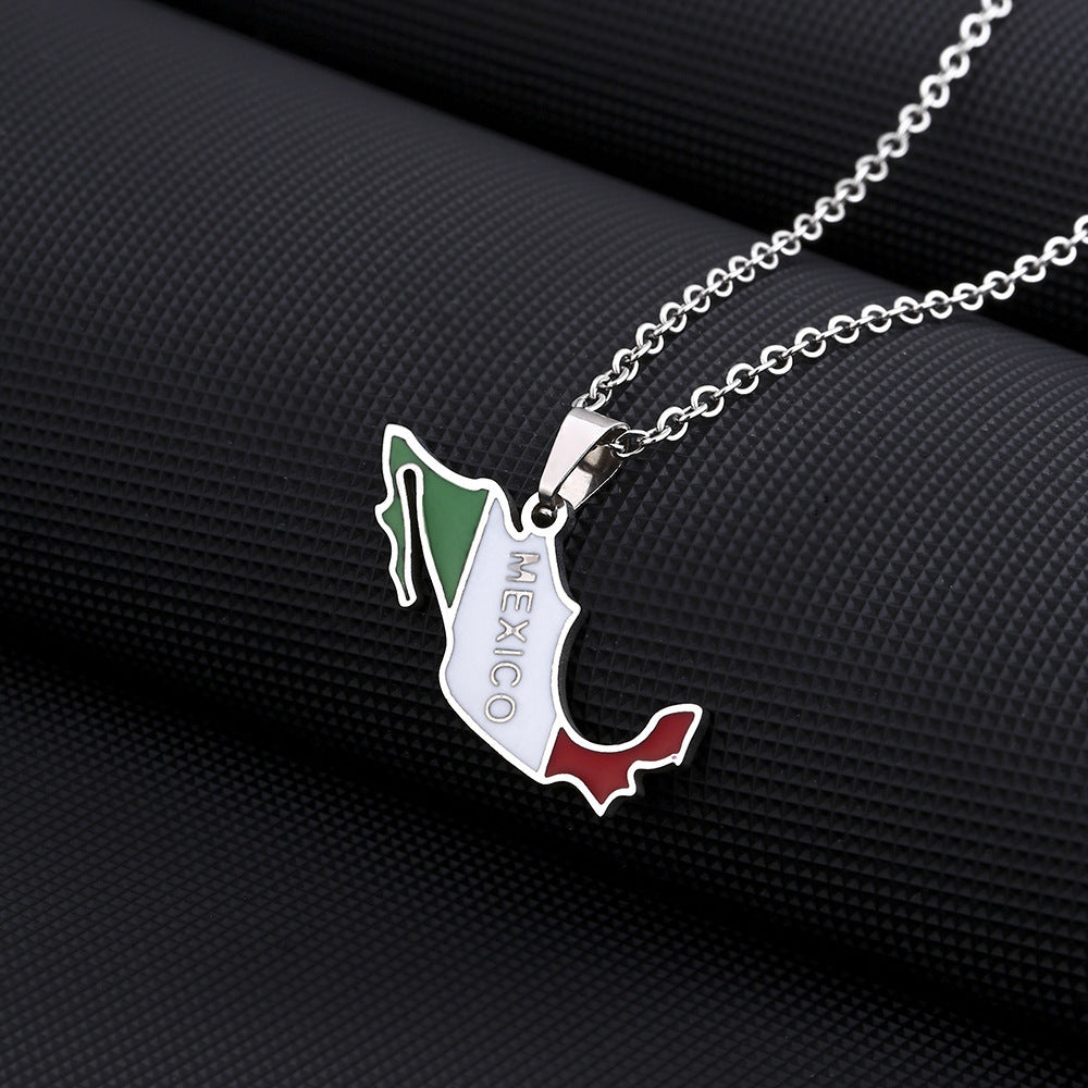 Stainless Steel Mexican Map And Flag Necklace