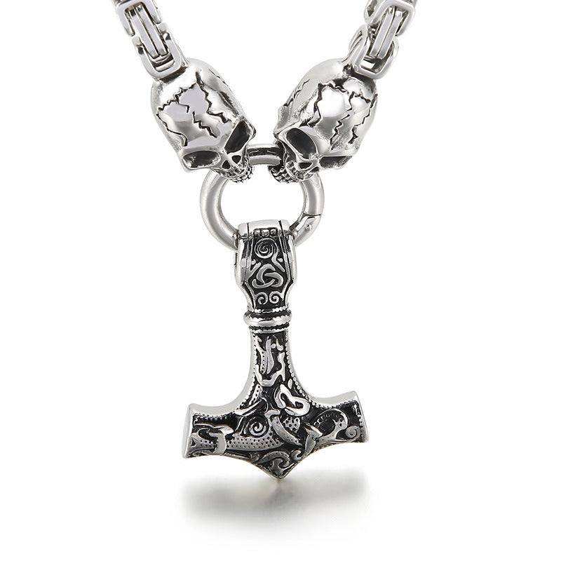 Titanium Steel Thors Hammer Skull Necklace