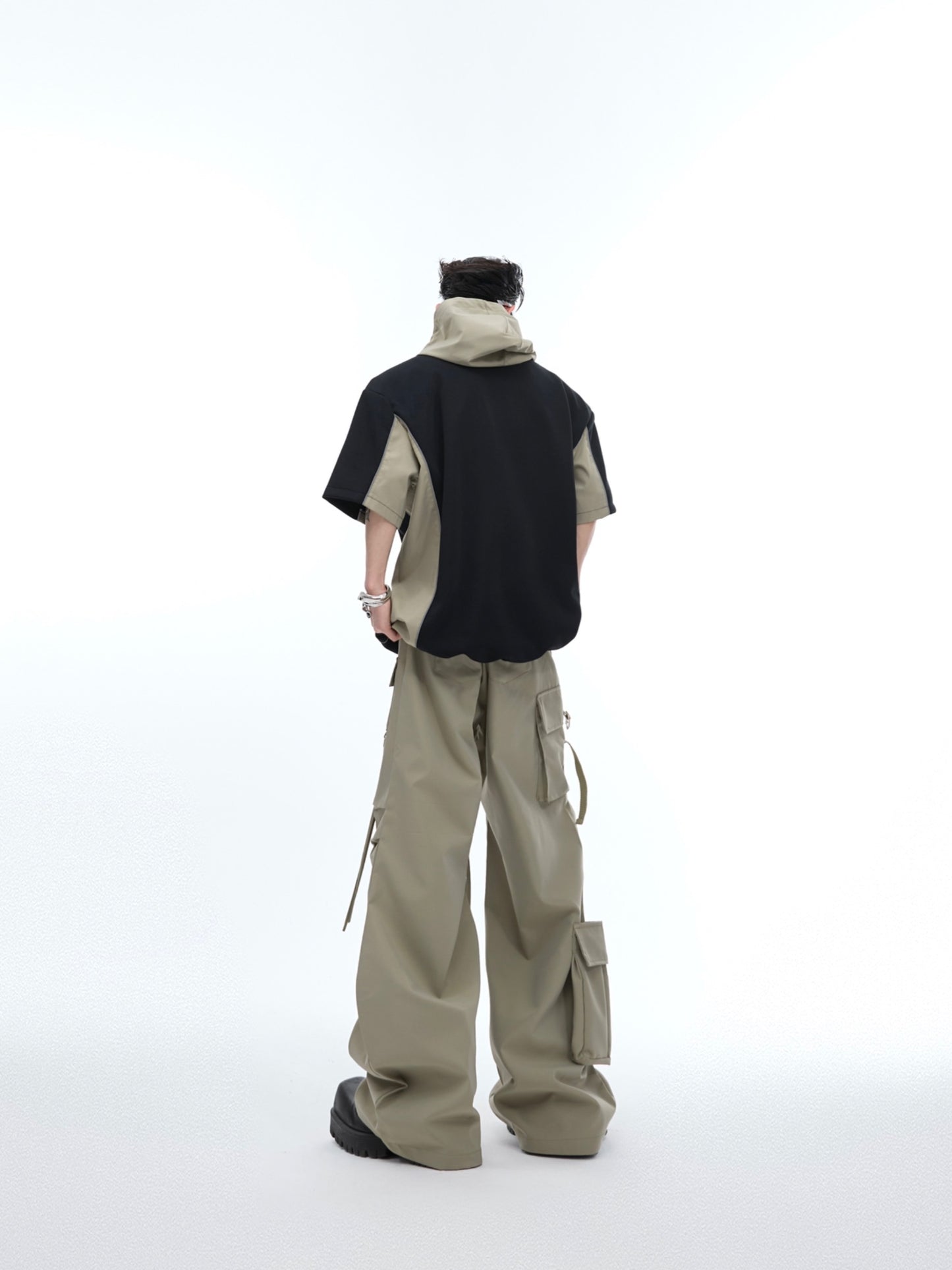 Deconstructed Stitching Design Hooded Short Sleeve Suit Outdoor Leisure Loose Cargo Pants