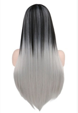 Straight hair black gray gradient color synthetic high temperature silk wig