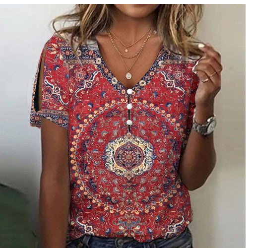 V-neck Button T-shirt Top