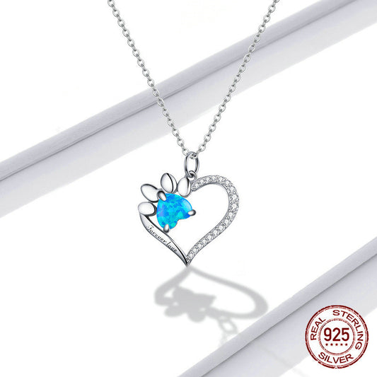 White Gold Plated Blue Opal Zircon Heart-shaped Pure Necklace