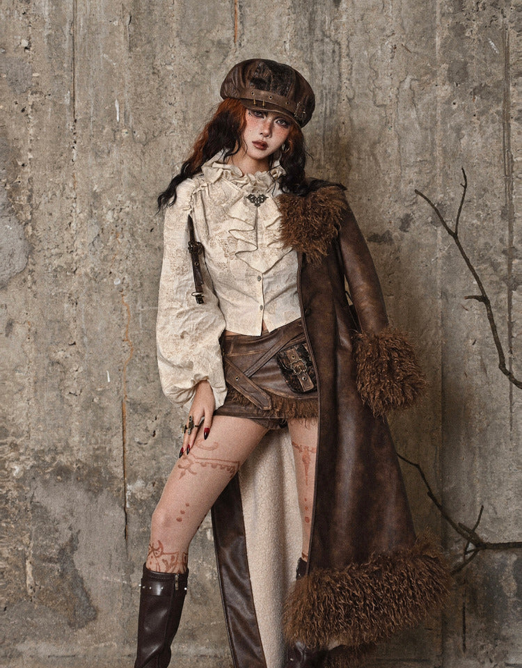 Steampunk Cotton Linen European Style Distressed Stand Collar Ruffle Shirt