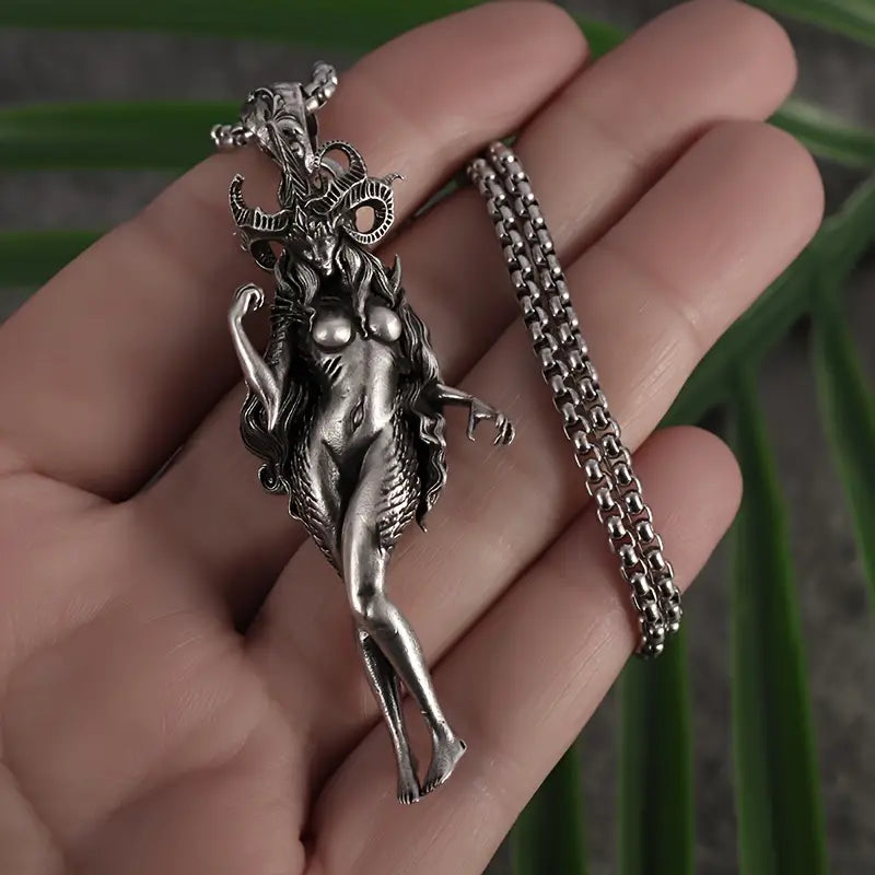 Goddess Mother of the Devil, Long Hair Horned Beast Necklace.