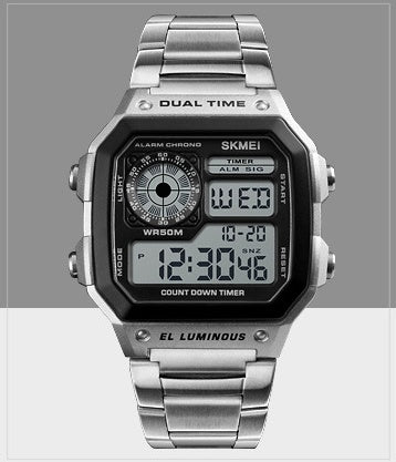 Steel double display multi-function waterproof watch