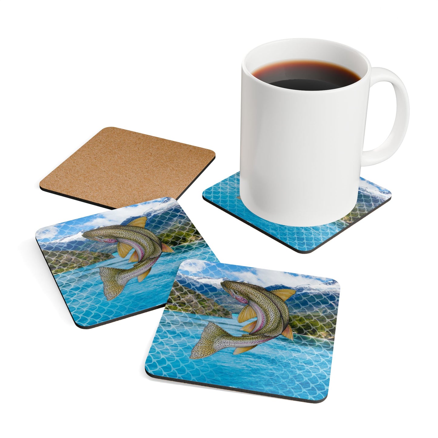 Rainbow Trout. Corkwood Coaster Set