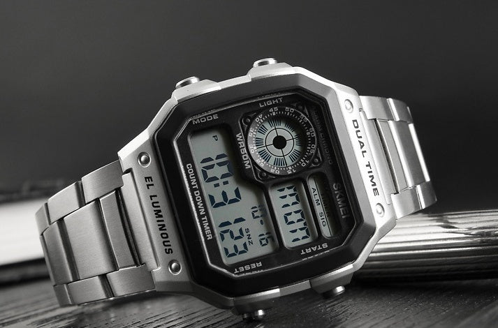 Steel double display multi-function waterproof watch