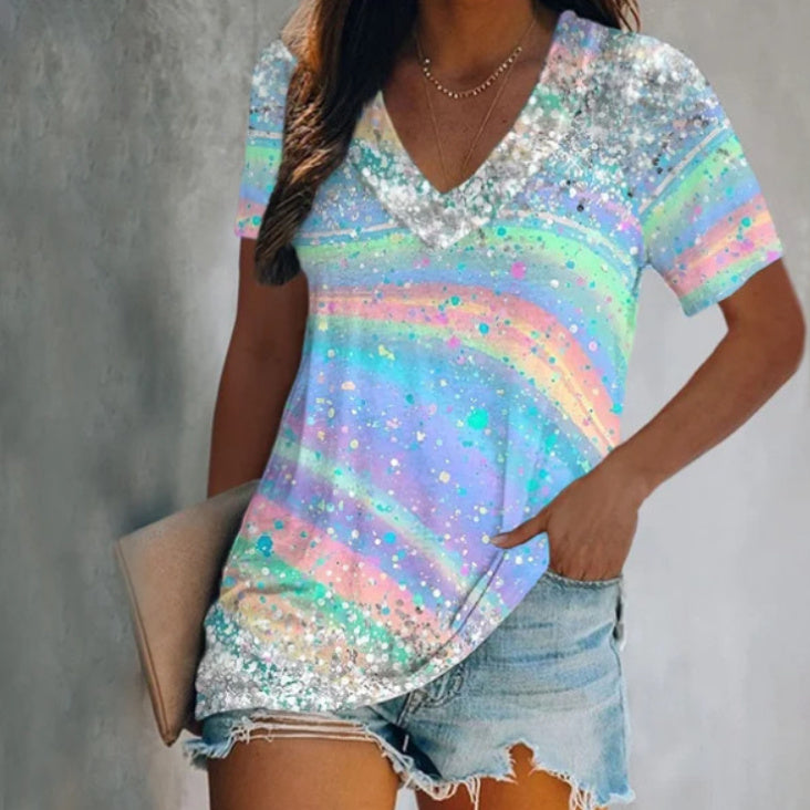 Summer Fashion Casual V-neck Women's Printed Tie-dye Short-sleeved T-shirt