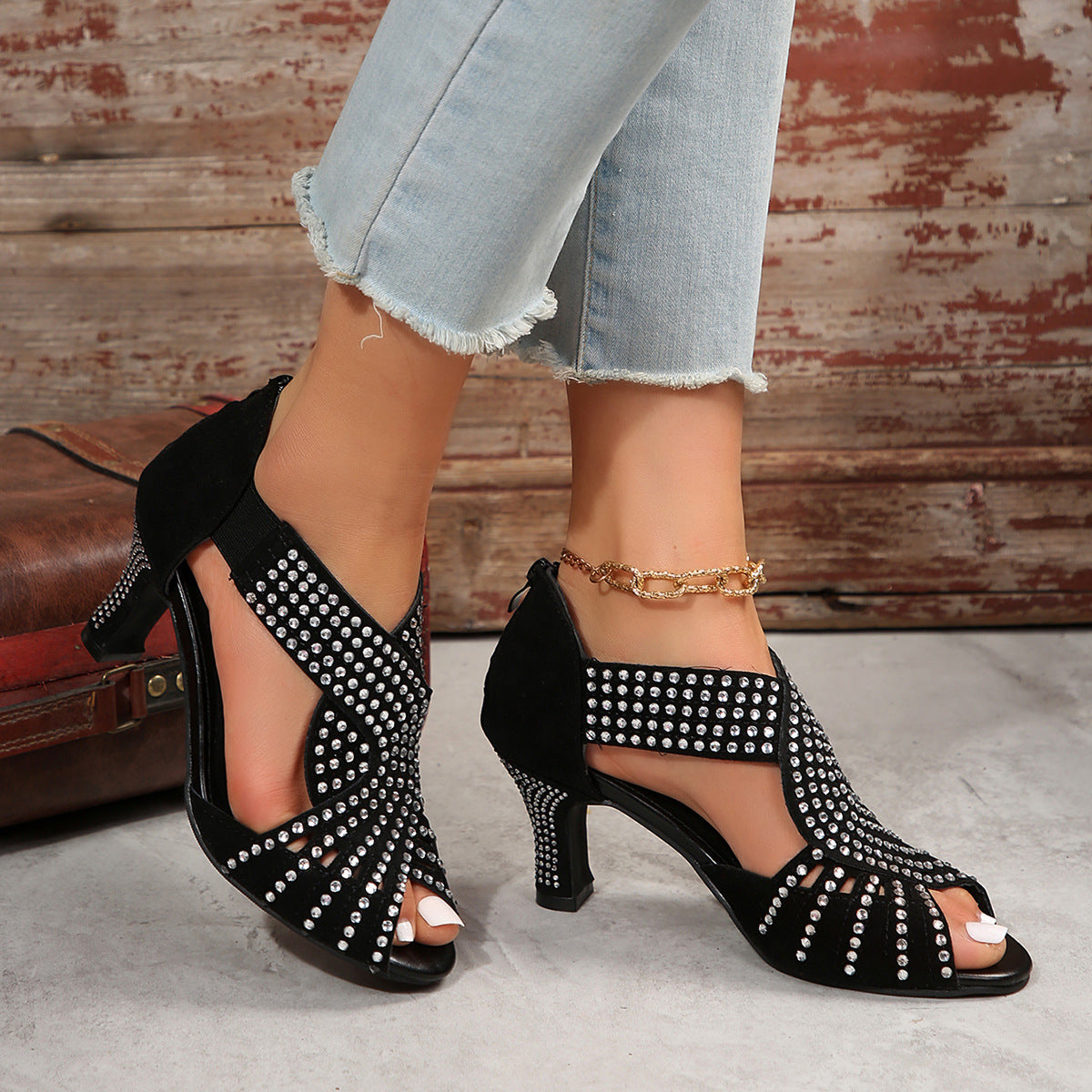 Rhinestone High-heeled Peep Toe Sandals