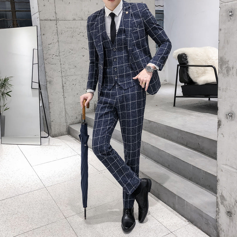 Men's Plaid Slim Fit Three-piece Suit