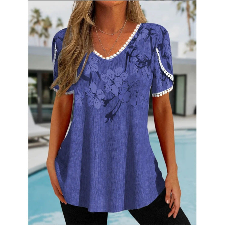 Loose Ruffled V-neck Short-sleeved Printed Top