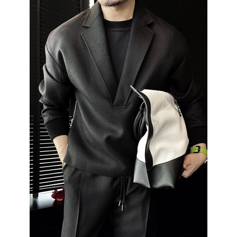 Men's Solid Color And V-neck Side Double Zipper Design Suit Lightly Mature Two-piece Set