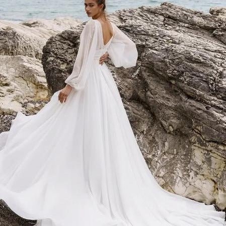 European High Waist Plus Size Deep V Long Sleeve Wedding Dress