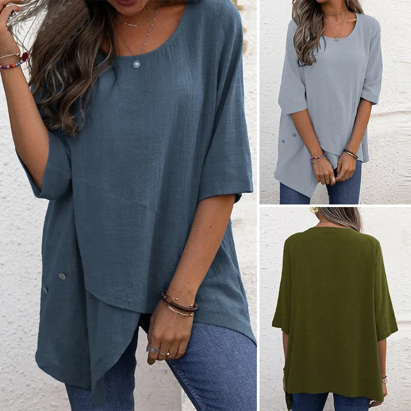 Cotton Linen Round-neck Irregular Half Sleeve Shirt