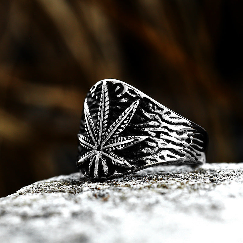 Rustic Stainless Steel Marijuana Leaf Ring