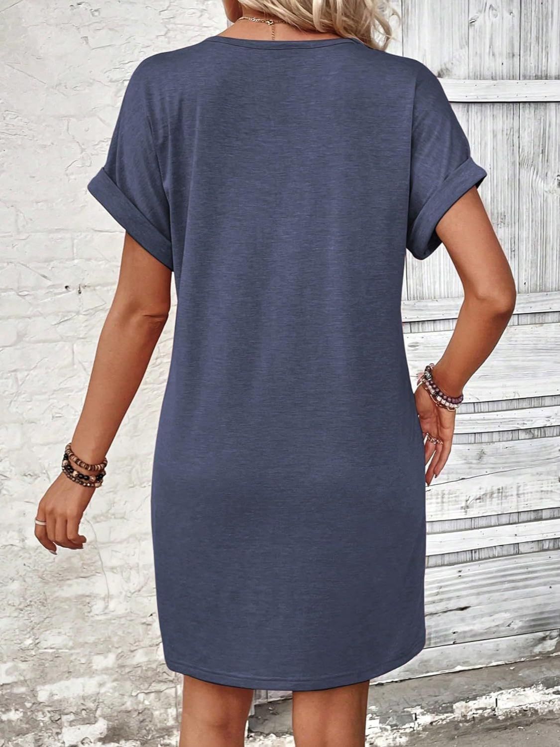 Quarter Button V-Neck Short Sleeve Dress