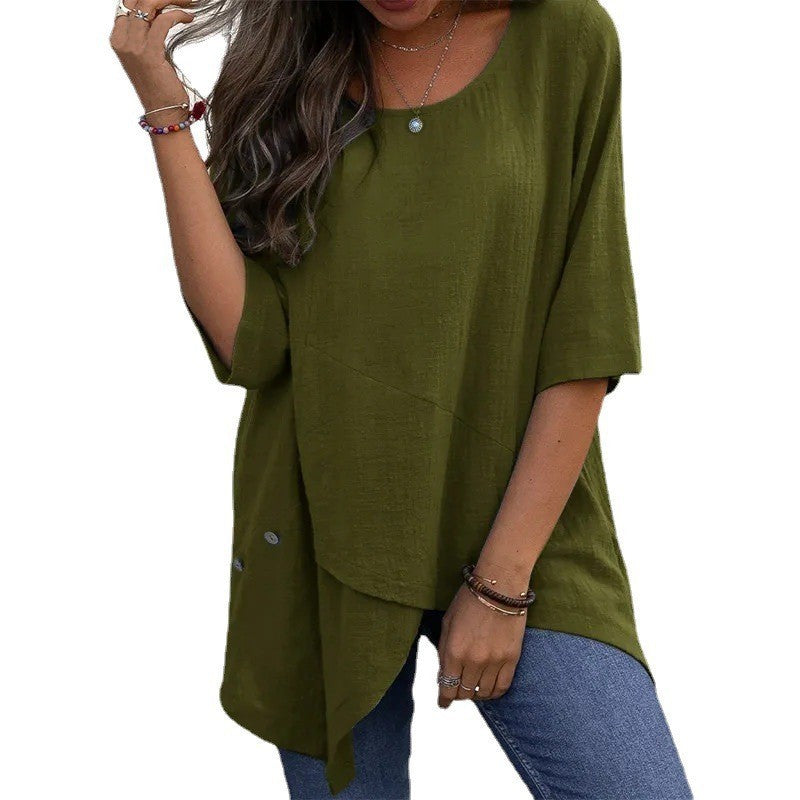 Cotton Linen Round-neck Irregular Half Sleeve Shirt