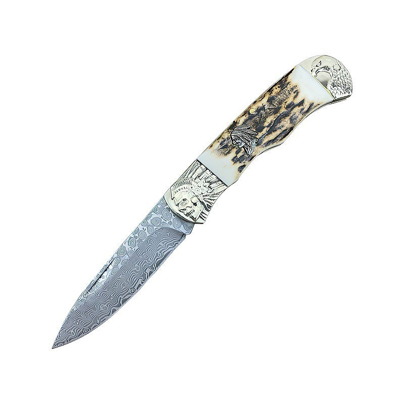 Antler Pocket Damascus Folding Knife