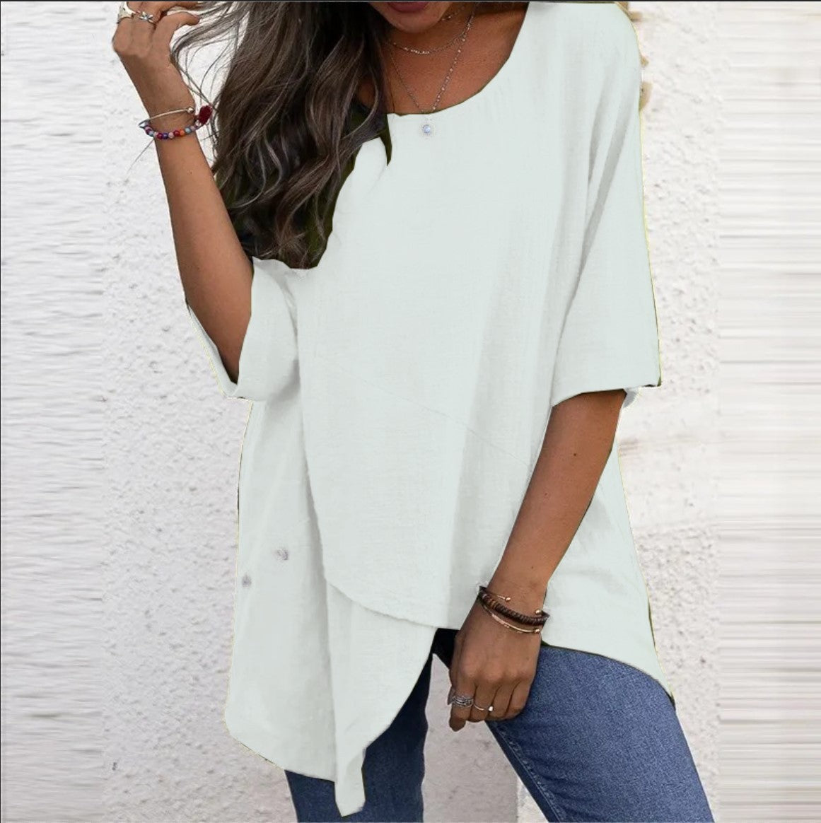 Cotton Linen Round-neck Irregular Half Sleeve Shirt