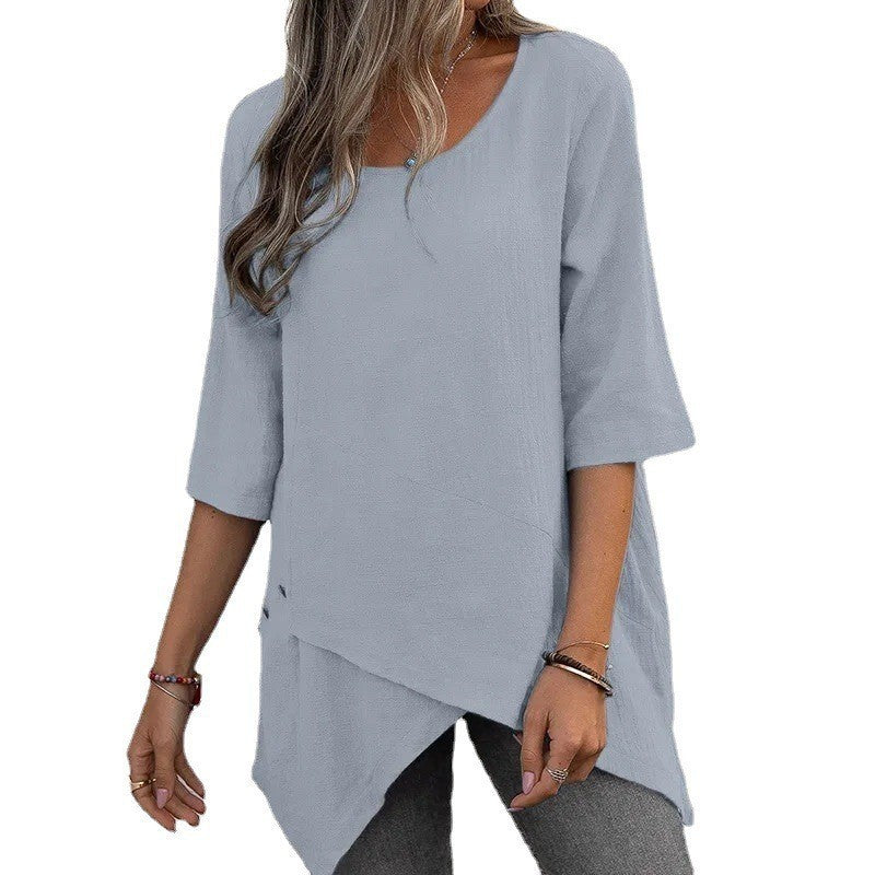 Cotton Linen Round-neck Irregular Half Sleeve Shirt