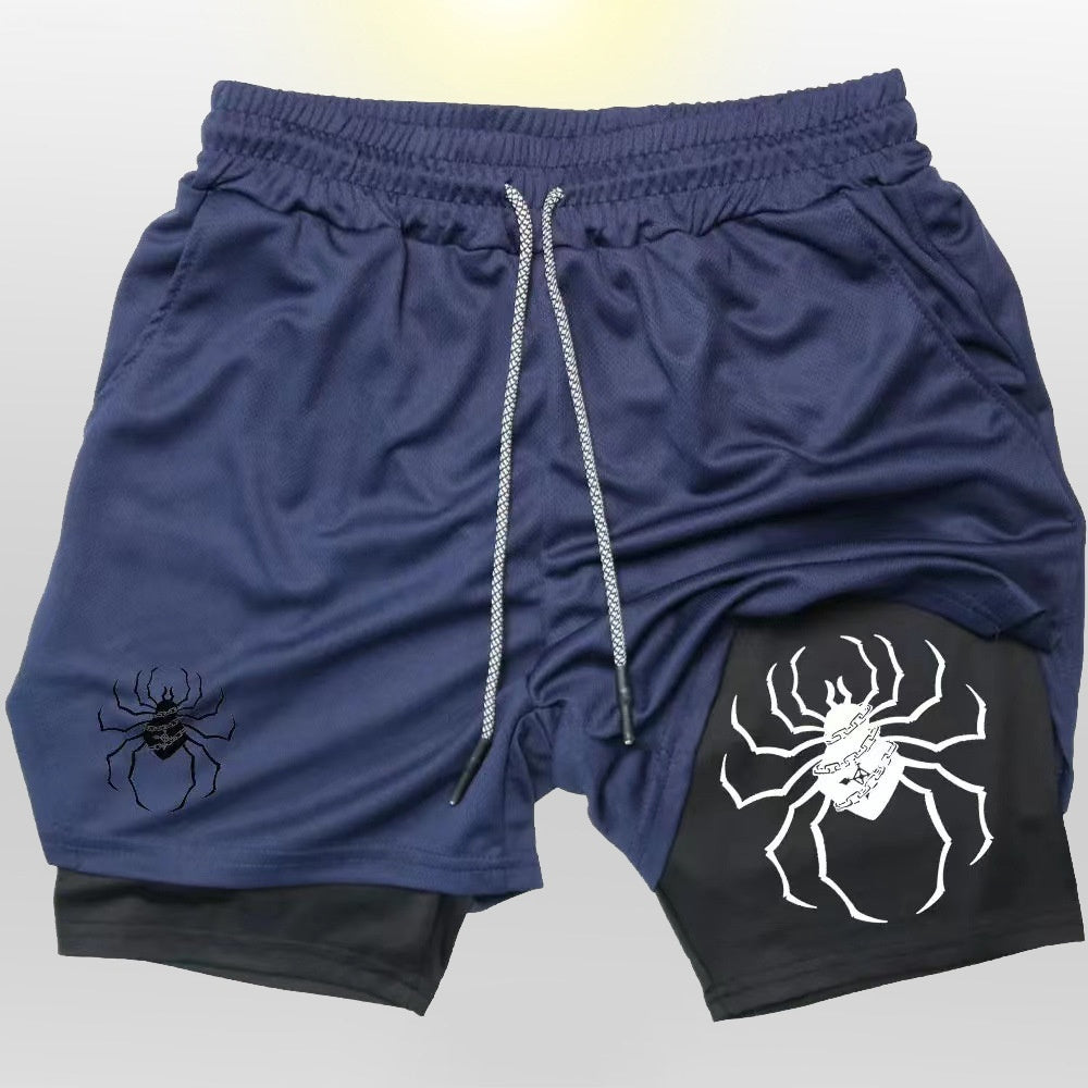 Digital Spider Print Men's 2-in-1 Double-layer Sports Shorts