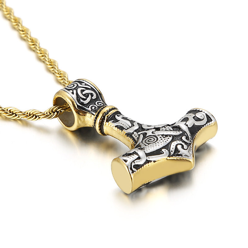 Titanium Steel Thors Hammer Skull Necklace