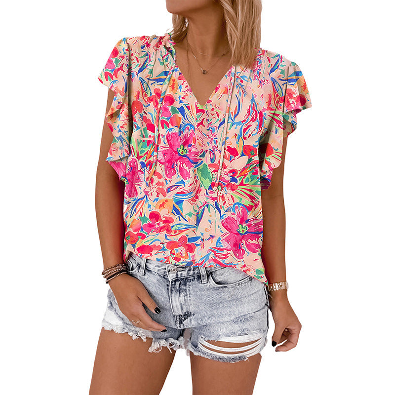 Thin V-neck Ruffled Printed Short-sleeved Shirt