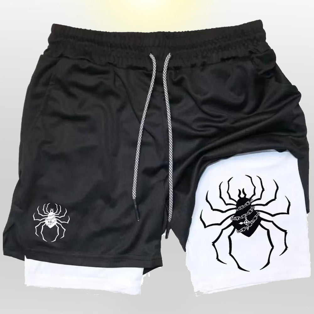 Digital Spider Print Men's 2-in-1 Double-layer Sports Shorts