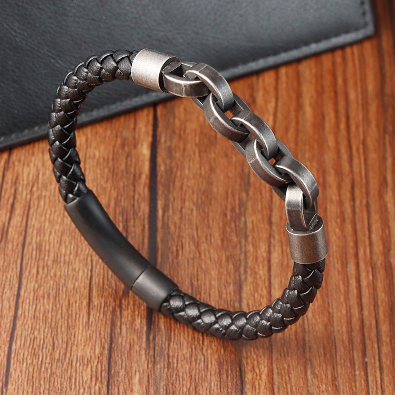 Black Genuine Leather Chain Bracelet