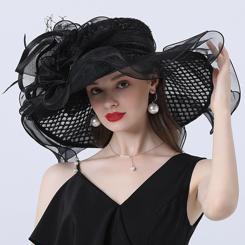 Mesh Flower Decoration Broad-brimmed Hat