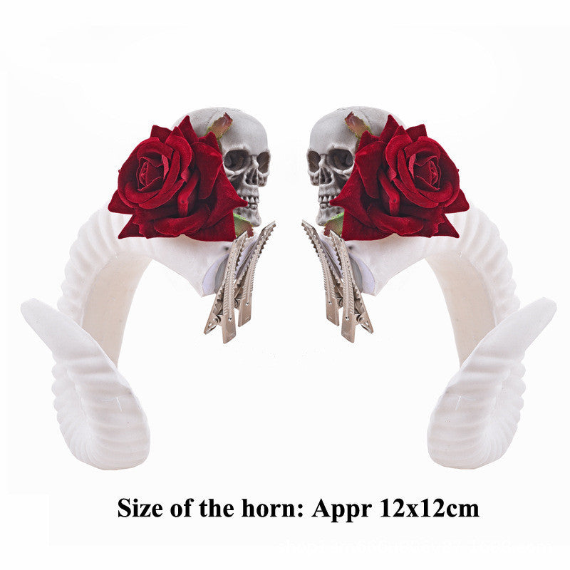 Rose skull horn hairpin