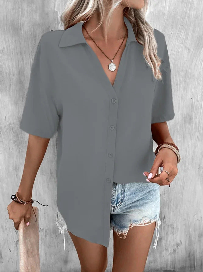 Pure Color V-neck Shirt