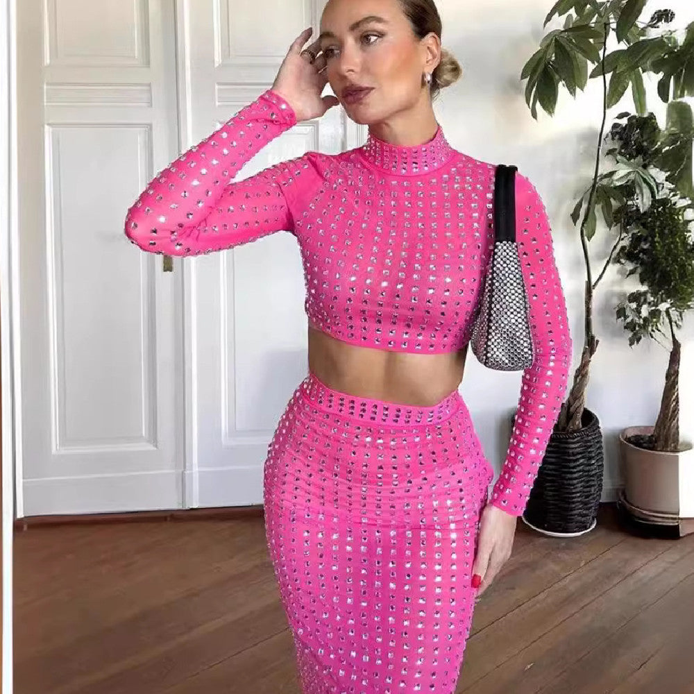 Hot Girl Rivet Elastic Tight Skirt Suit