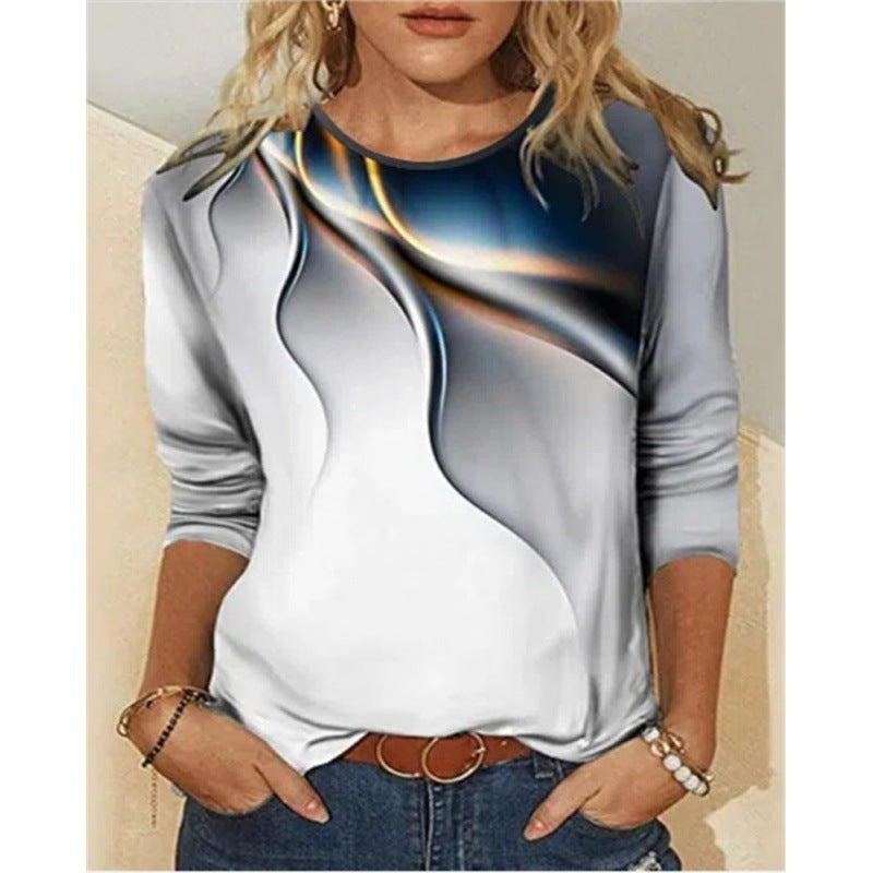 Casual Gradient Printed Round Neck Long Sleeve T-shirt