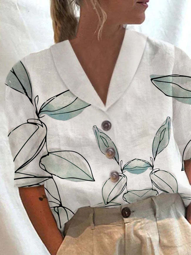 Cotton and Linen Printed Short-sleeved Shirt