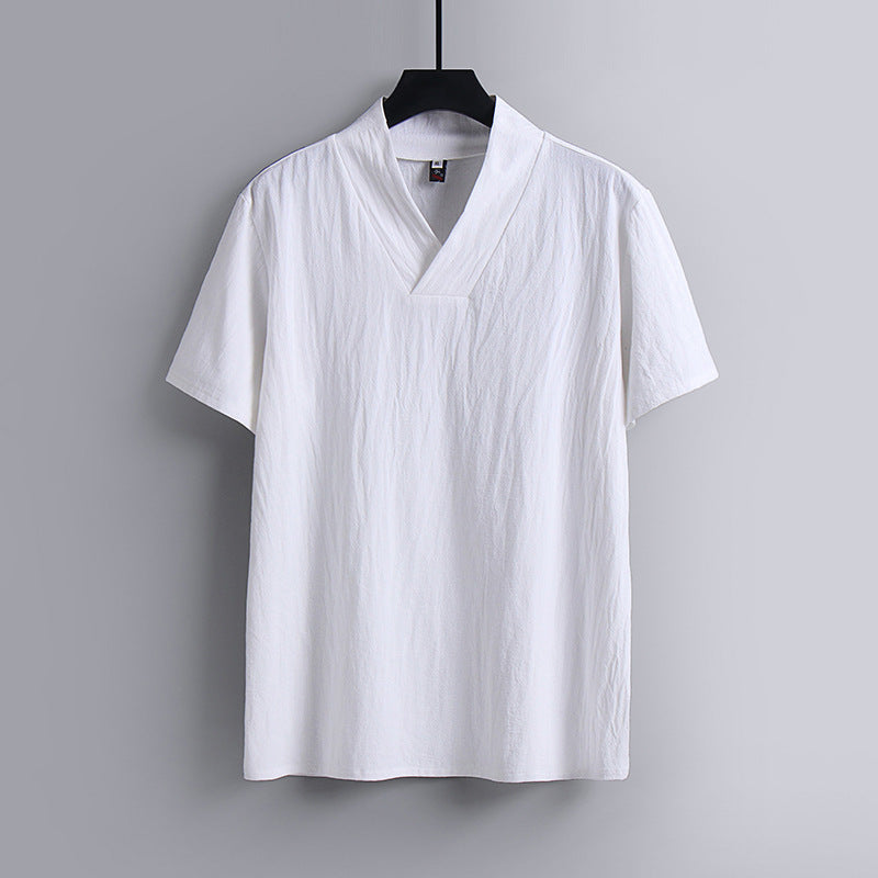 Men's Short-sleeved T-shirt Summer Vintage V-neck Cotton And Linen Half Sleeves