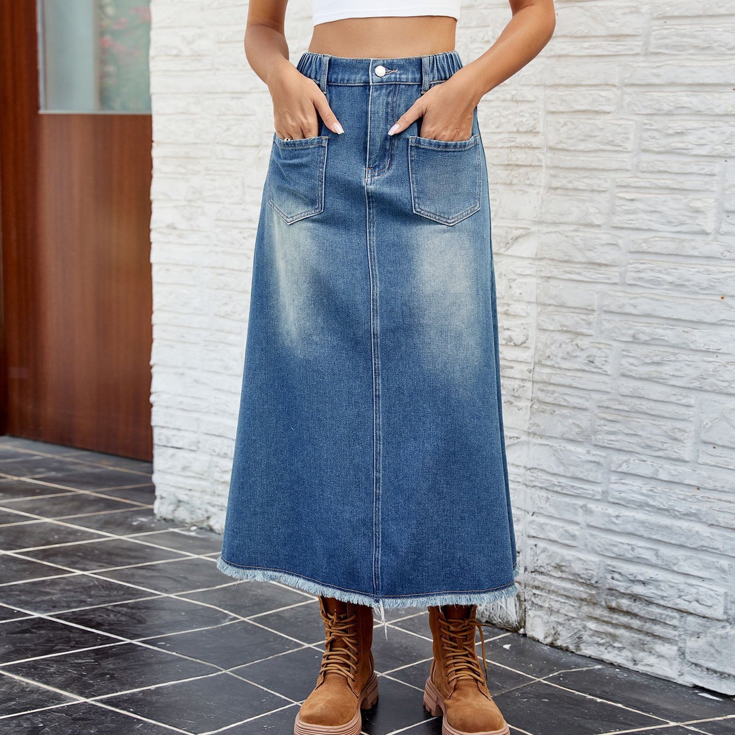 Washed Frayed Hem Denim Skirt Midi Skirt