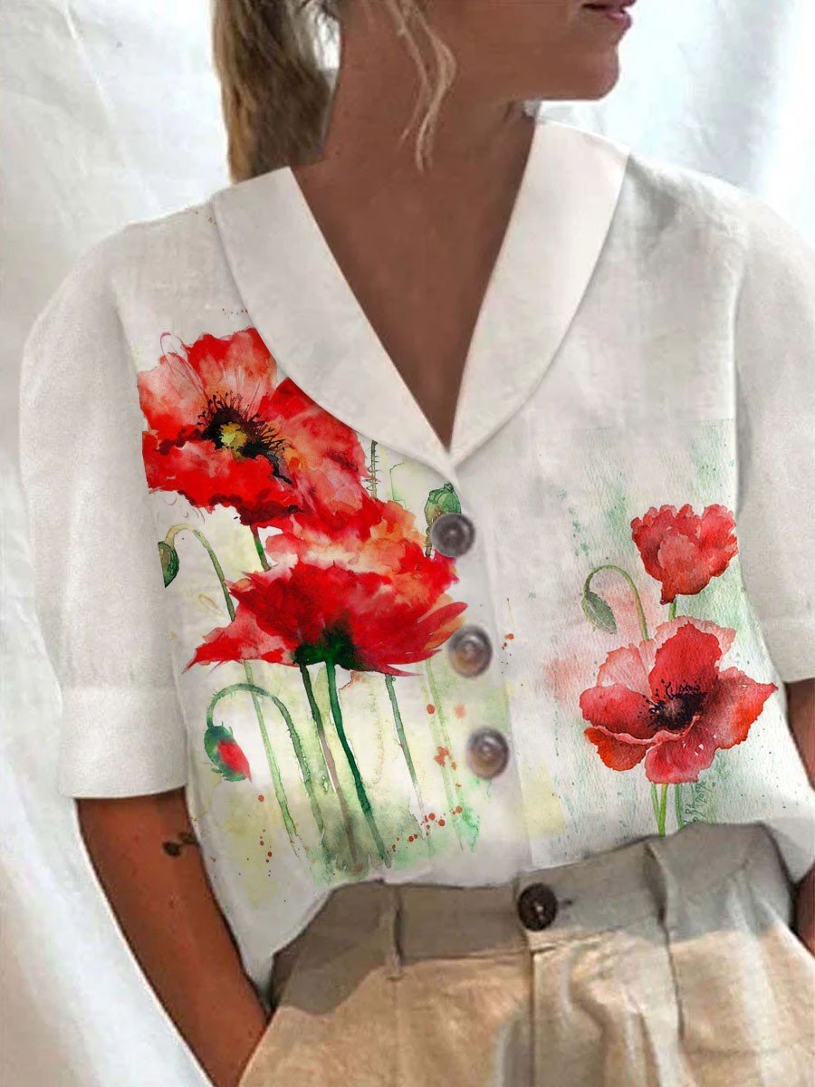 Cotton and Linen Printed Short-sleeved Shirt