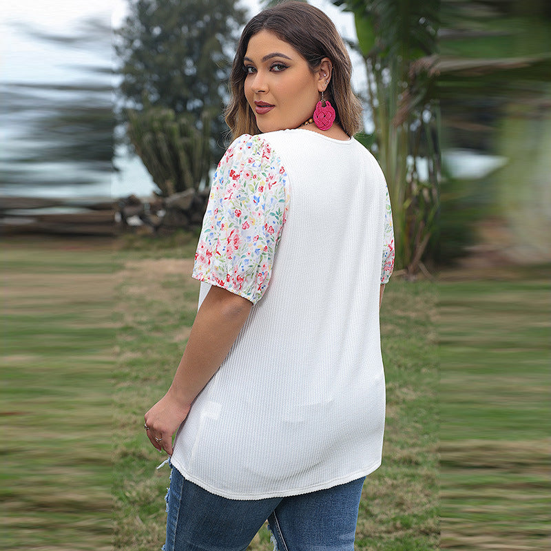 Floral Puff Sleeve Casual Loose Short Sleeve Top