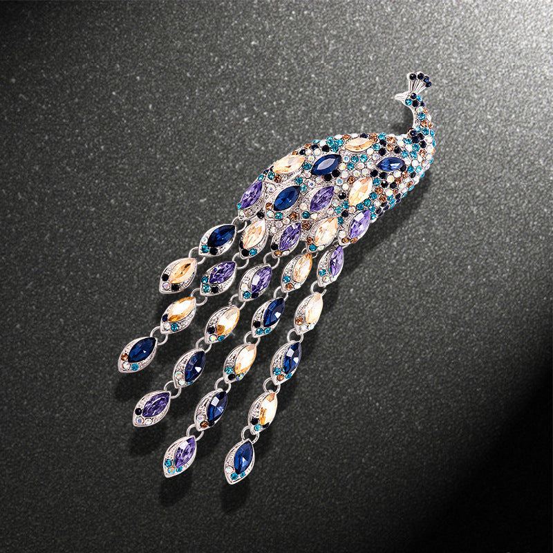 Large Long Tail Crystal Peacock Tassel Brooch