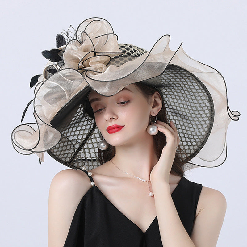 Mesh Flower Decoration Broad-brimmed Hat