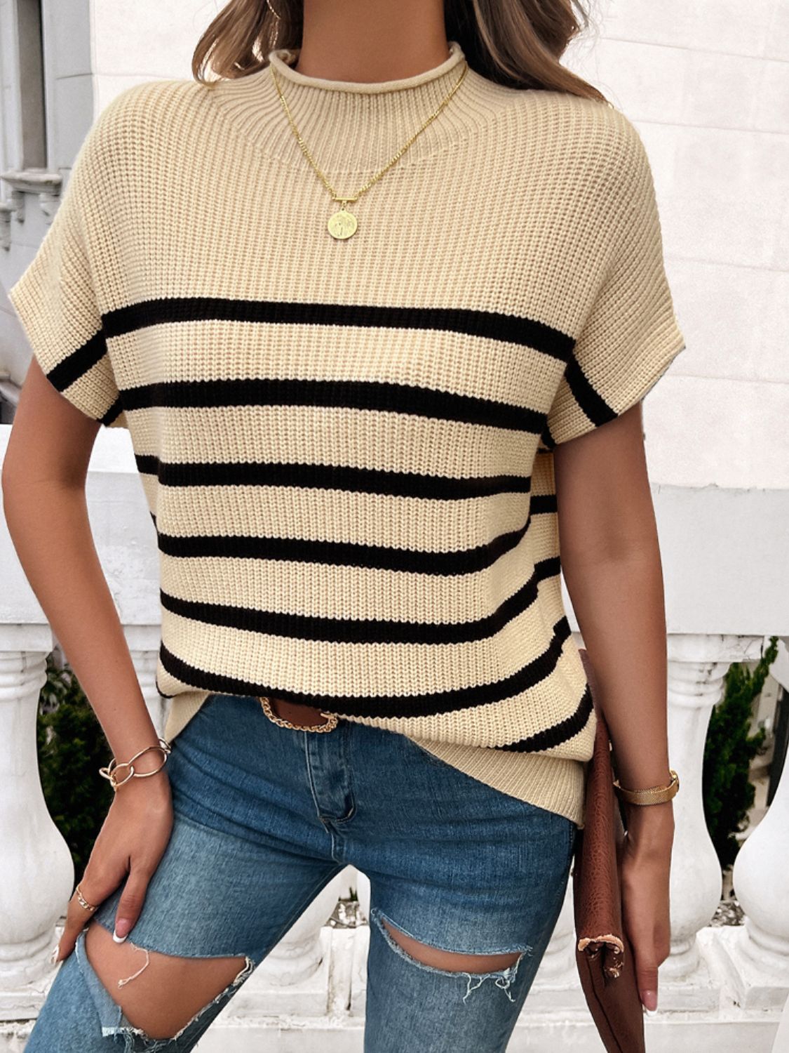 Striped Mock Neck Short Sleeve Sweater