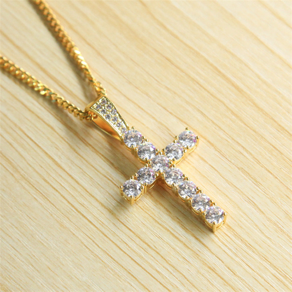 Inlaid Zircon Cross Pendant Necklace