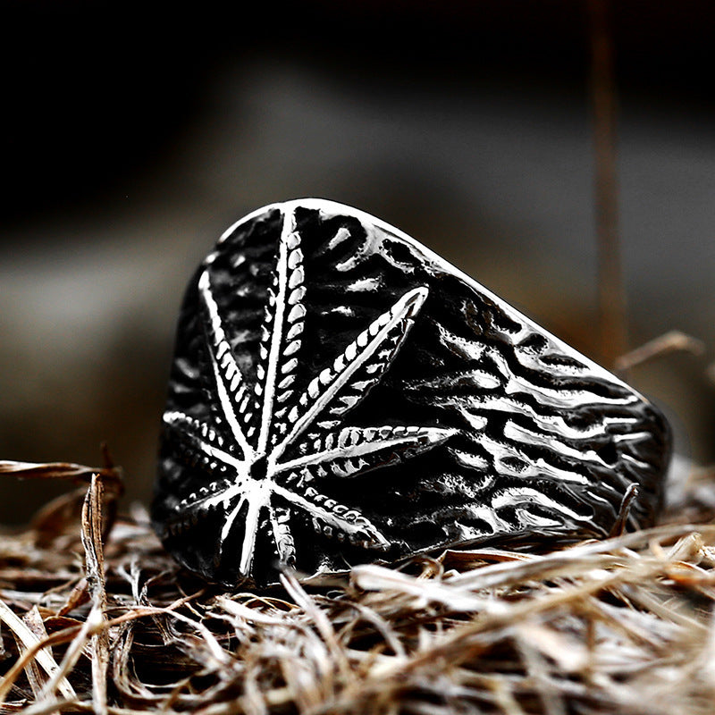 Rustic Stainless Steel Marijuana Leaf Ring