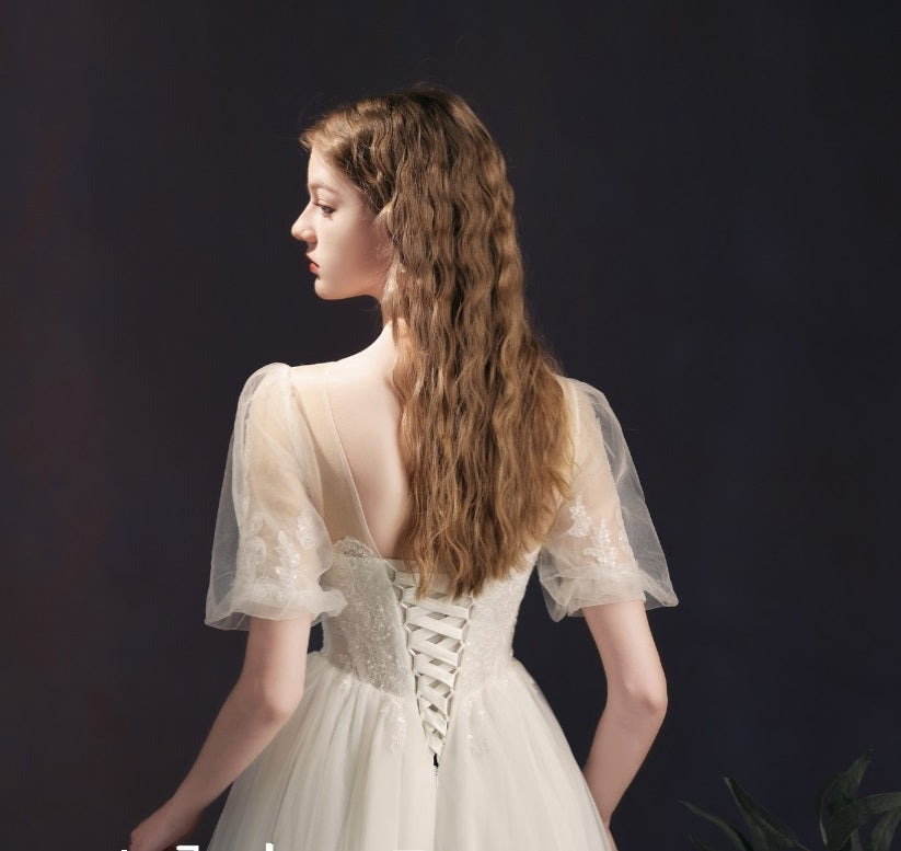 Lantern Bubble Sleeve White Yarn Mid-length Bridal Gown