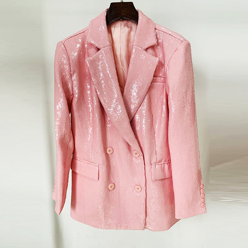 Double-breasted Pink Sequined Blazer